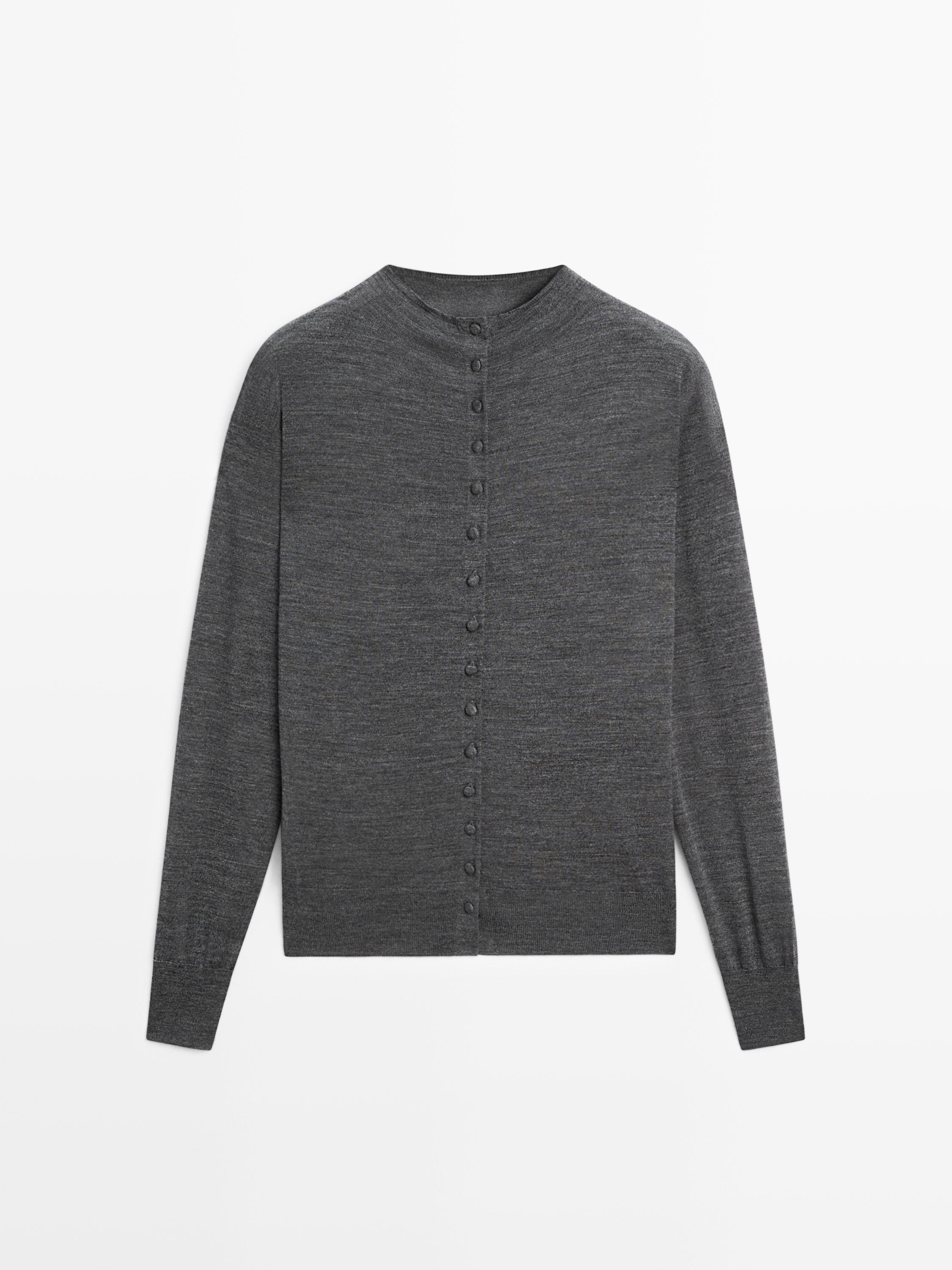 Mock turtleneck cardigan with covered buttons